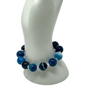 Vintage Semi-Precious Stone Blue Striped Agate Strung Stretch Bracelet